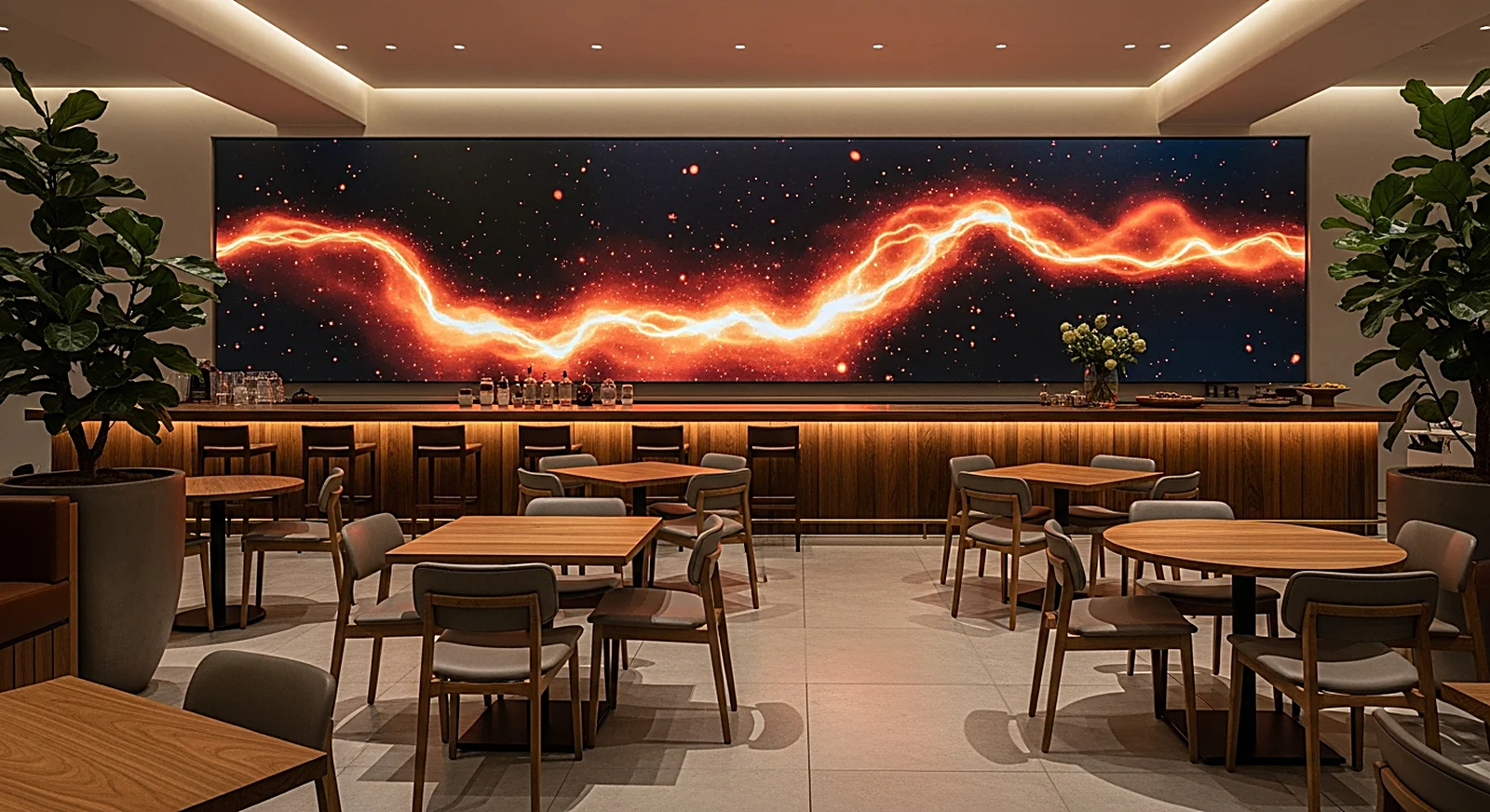 Màn LED liền mạch khổ lớn phía sau quầy bar trong không gian giải trí về đêm