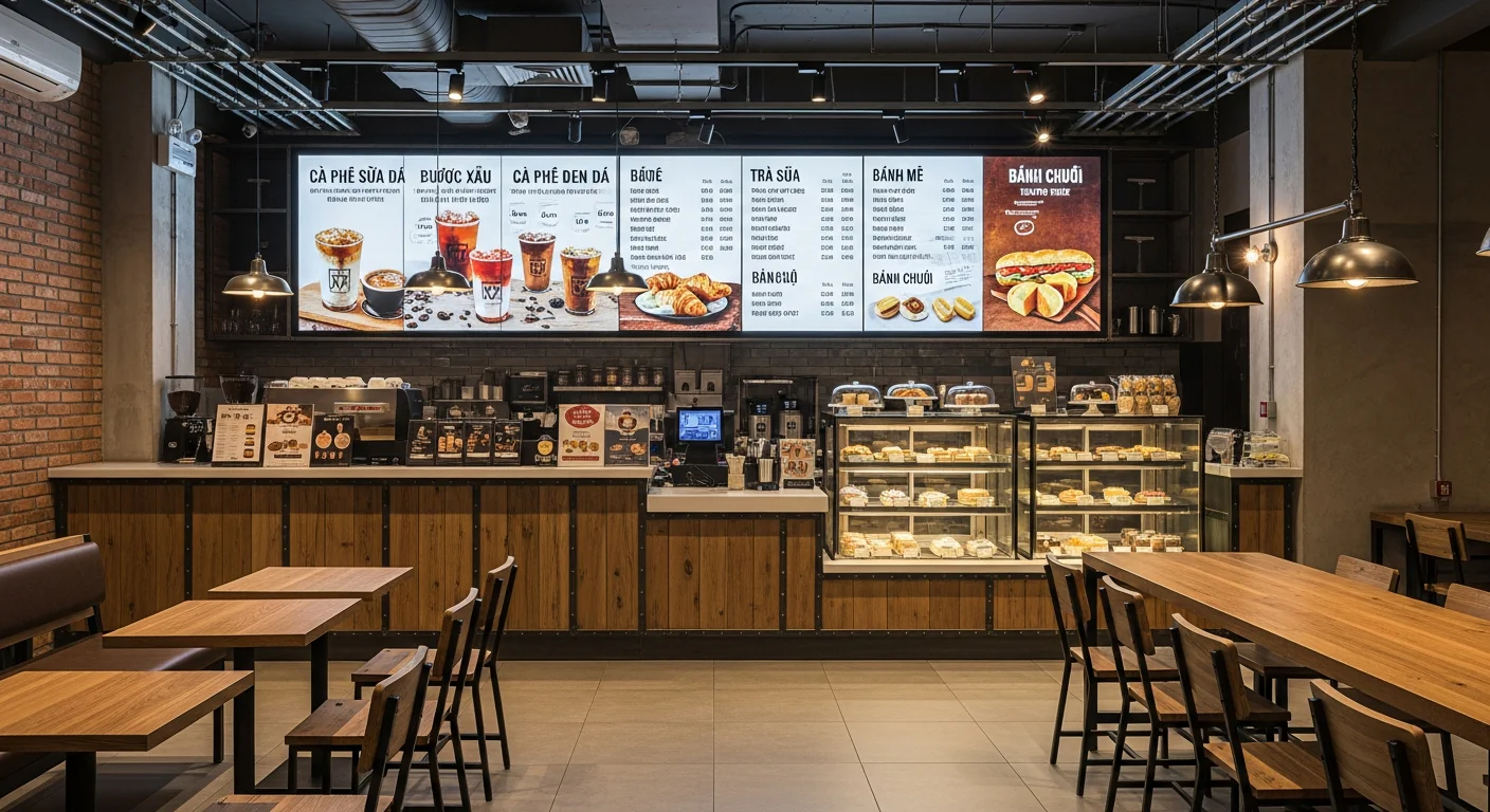 Màn LED hiển thị menu số phía sau quầy trong quán cafe hiện đại