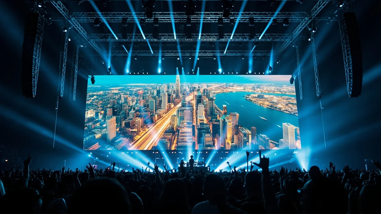 Màn hình LED sân khấu sự kiện lớn với backdrop liền mạch và dàn ánh sáng