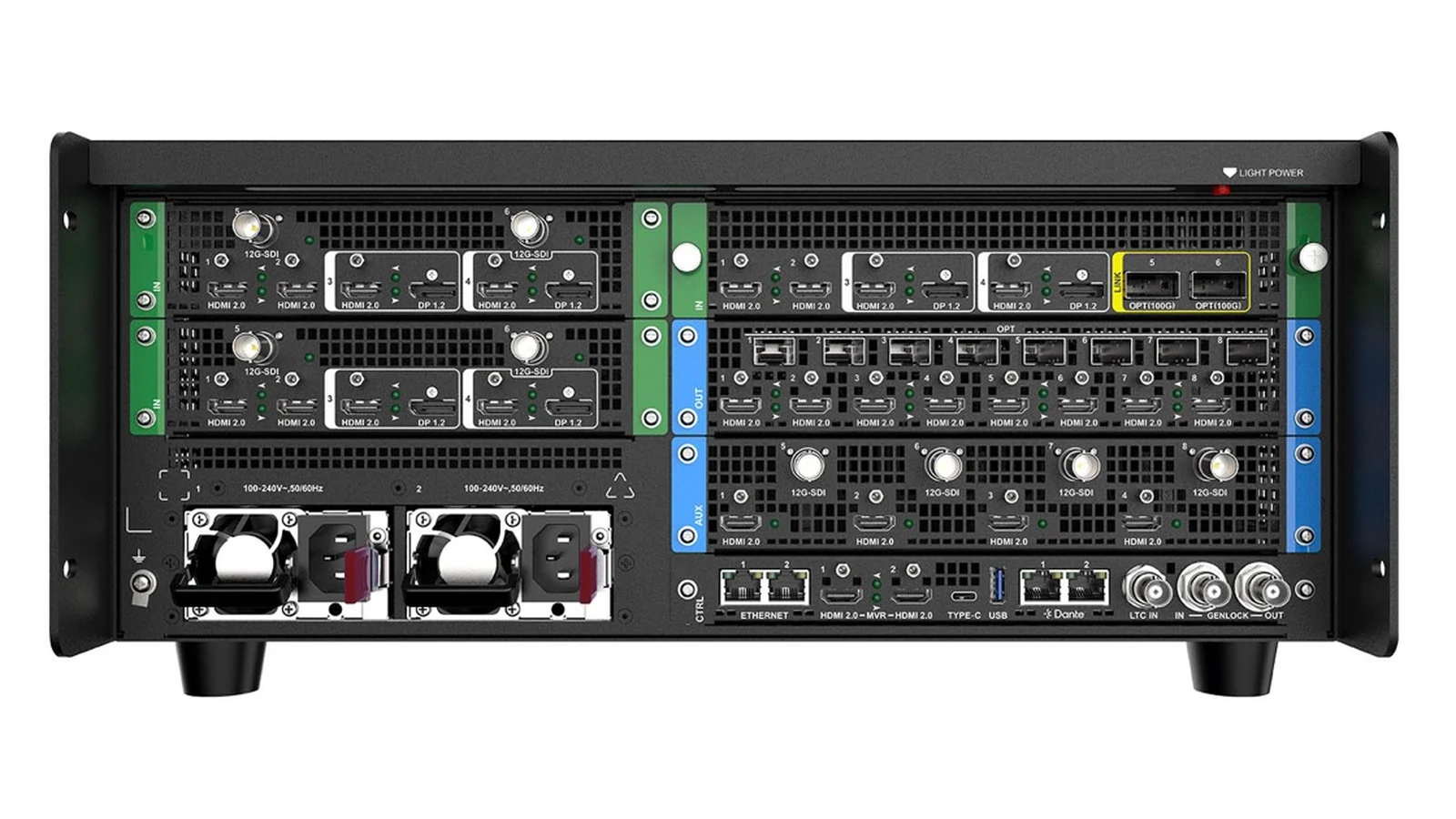 Mặt sau PixelHue P80 với cụm cổng vào 12G-SDI, HDMI 2.0, DP 1.2, cụm cổng ra HDMI 2.0 và cổng quang SFP, cụm AUX và hai bộ nguồn